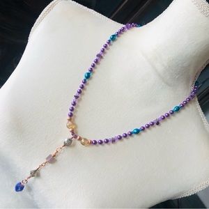 Handcrafted crystal tassel fresh water peacock blue pearl beaded necklace